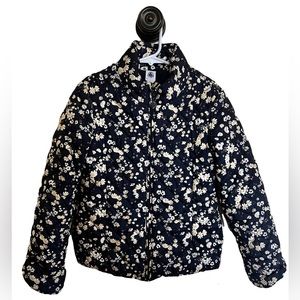 Petit Bateau Girls Navy and Floral Puffer Jacket, Sz 6